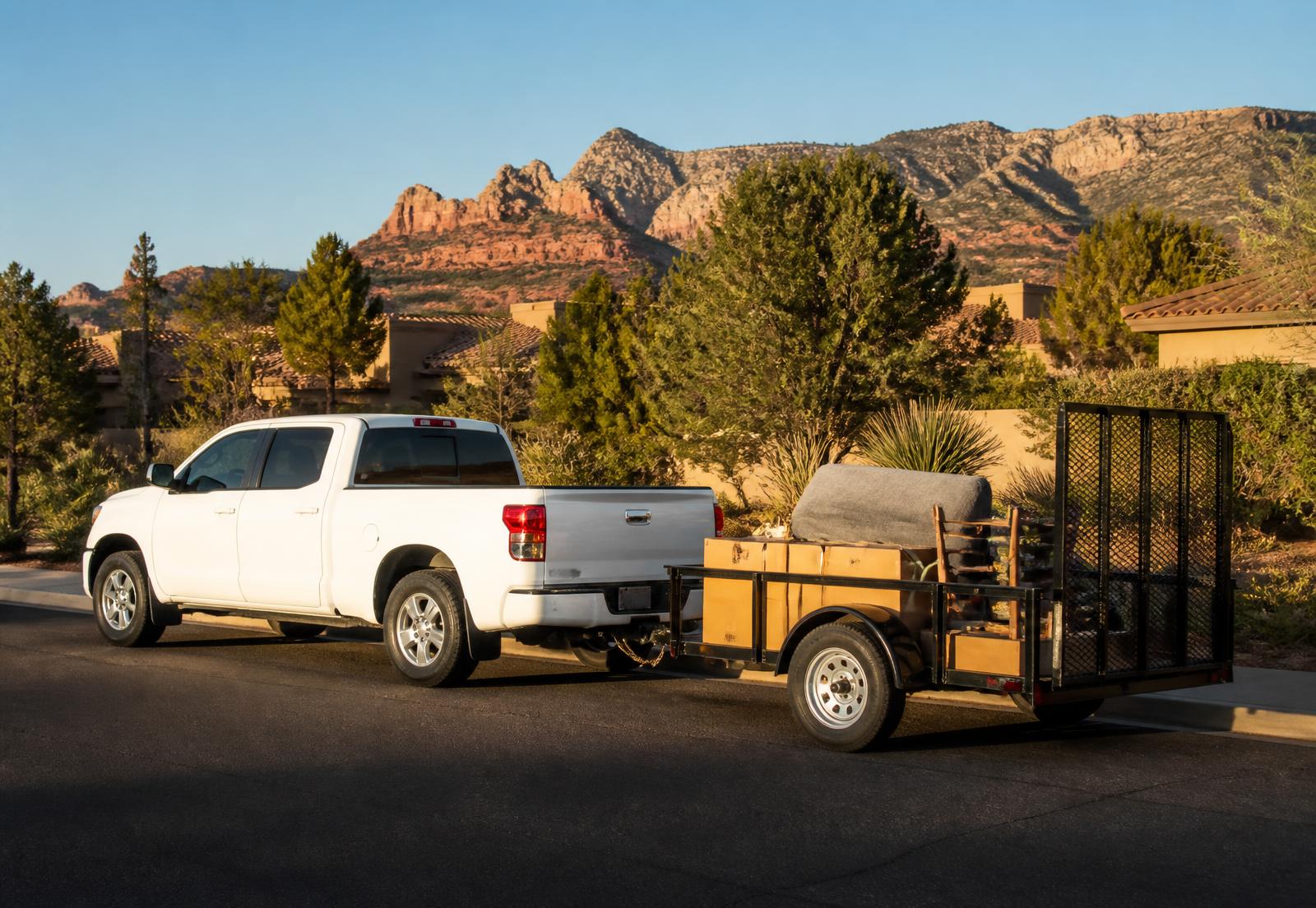 Pickup truck with a small utility trailer loaded with household items on a Verde Valley street